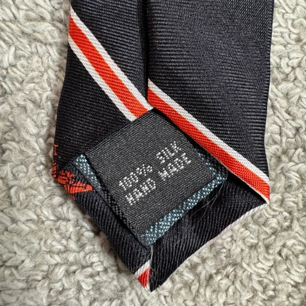 Rivetz of Boston Mens Silk Tie Navy Blue Red White Striped 1877 Crest Handmade